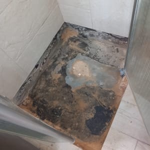 רצפה פגומה עם סימני רטיבות ועובש בפינה