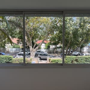 חלון נקי עם נוף לעצים ולמכוניות