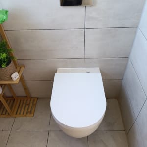 אסלה לבנה עם לחצן הדחה על קיר אריחים