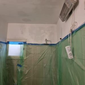 קירות ותקרה מוכנים לצביעה עם כיסוי מגן ירוק