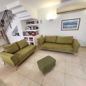 ספות ירוקות בחדר מגורים עם מדפים ותמונות