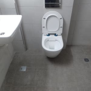 שירותים עם כיור, אריחים חדשים, ומיכל הדחה מותקן