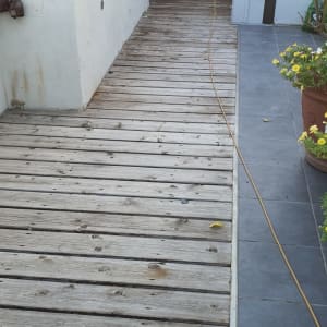 דק עץ עם עציץ פרחים צהובים