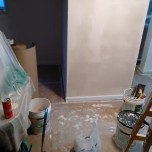 דלי צבע, סולם, כלים לצביעה, קיר צבוע חלקית