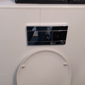 לחצן הדחה כפול מעל אסלה לבנה