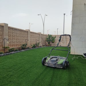 מכסחת דשא על דשא ירוק בגינה