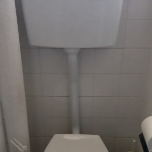 אסלה עם מיכל הדחה, מברשת ניקוי וחומרי ניקוי