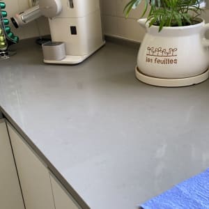 מכונת קפה על משטח מטבח ליד עציץ