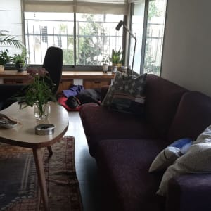 ספה סגולה עם כריות בסלון מואר