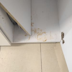 ארון פתוח עם כתמים על המדף התחתון