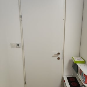 דלת לבנה עם ידית מתכת כסופה