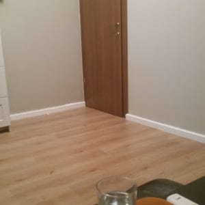 חדר עם רצפת פרקט עץ בהירה ודלת עץ