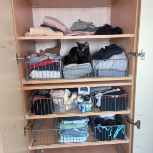 ארון בגדים עם מדפים ומגירות מתכת, בגדים מקופלים