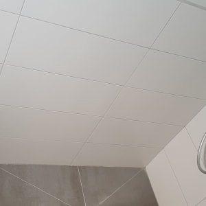 מקלחת עם אריחים לבנים וברז כסוף