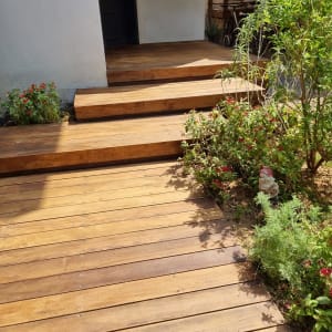 דק עץ עם מדרגות ליד צמחייה וכניסה לבית