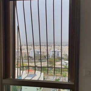 סורגי מתכת על חלון עם נוף עירוני ברקע