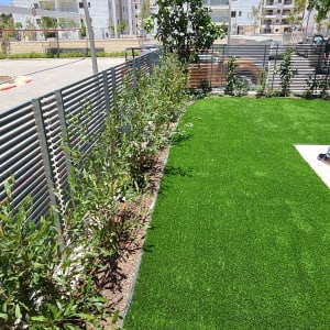 דשא ירוק עם שיחים לאורך גדר מתכת