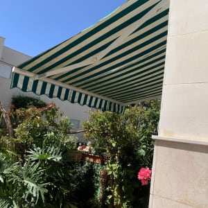 סוכך פסים ירוק ולבן מעל גינה ירוקה