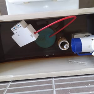 מיכל הדחה עם חלקים פנימיים, כולל צינור אדום