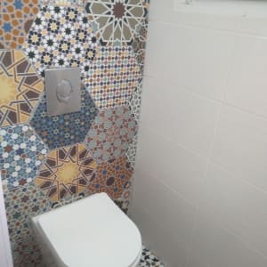 אסלה תלויה עם אריחים מעוצבים בצבעים שונים