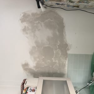 קיר עם טיח מתקלף, כיסוי פלסטיק ירוק