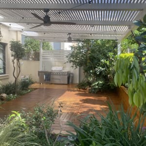 דק עץ עם צמחייה ירוקה וגריל נירוסטה