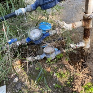 צינורות מים עם מד מים ועשבים סביבם