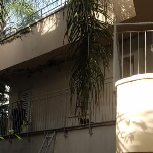 מעקה מתכת במרפסת עם צמחייה מסביב