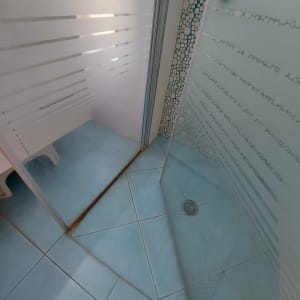 מקלחון עם דלתות זכוכית מרושתות ורצפת אריחים כחולים