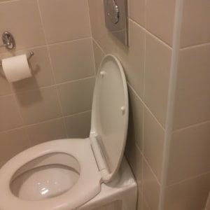 אסלה עם מכסה פתוח ולחצן הדחה על הקיר