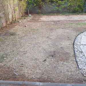 אדמה יבשה עם צינור השקיה ושיחים לאורך הגדר