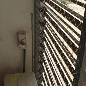 רשת מתכת מותקנת על חלון למניעת כניסת יונים