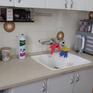 מטבח עם כיור, מיקרוגל, קופסאות תבלינים ומדף עם מגבות