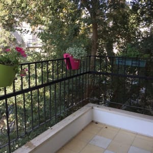 עציצים תלויים על מעקה מרפסת עם עצים ברקע