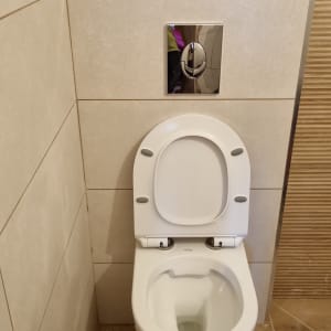 אסלה תלויה עם לחצן הדחה על קיר אריחים