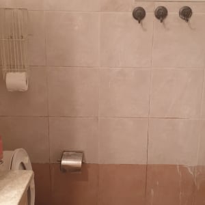 חדר אמבטיה עם קירות אריחים, חלון, ואסלה