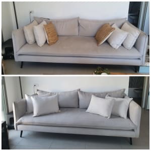 ספה אפורה לפני ואחרי ניקוי עם כריות