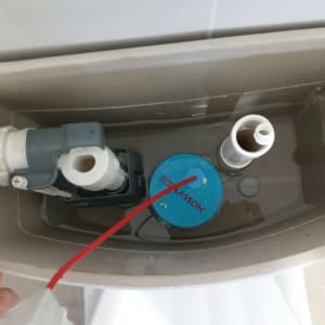 מיכל הדחה פתוח עם מנגנון פנימי וצינור אדום