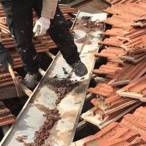 אדם מנקה תעלה על גג רעפים עם כלי עבודה