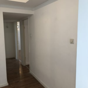 קיר לבן חלק במסדרון עם רצפת עץ