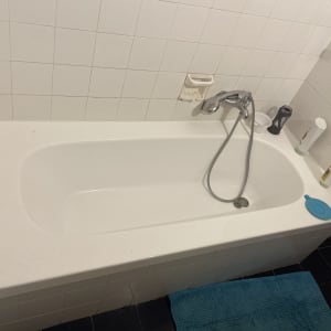 אמבטיה עם ברז ומקלחת יד, בקבוקי שמפו וסבון