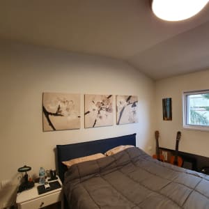 חדר שינה עם מיטה, גיטרות ותמונות על הקיר