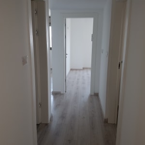 מסדרון עם קירות לבנים ורצפת עץ בהירה