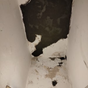 תקרה מתקלפת עם סימני רטיבות וצבע מתקלף