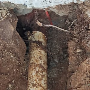 צינור חשוף באדמה עם שורשים מסביב