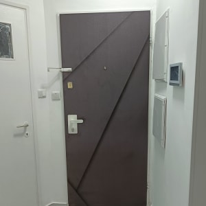 דלת מצופה בציפוי כהה עם ידית כסופה