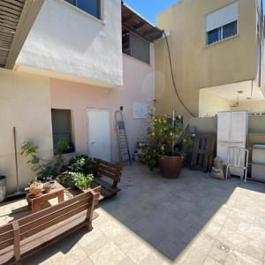 סולם מתכת ליד קיר חיצוני עם צמחייה