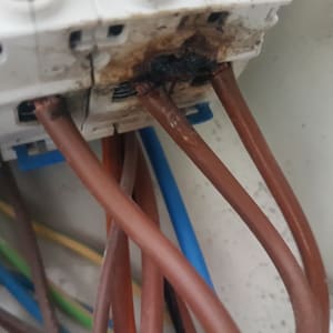 חוטי חשמל חומים מחוברים למפסק עם סימני שריפה