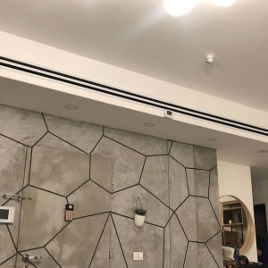 קיר גבס עם עיצוב גיאומטרי ותליית עציץ