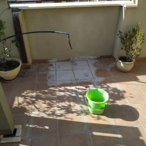 דלי ירוק על רצפת מרפסת עם רובה טרי